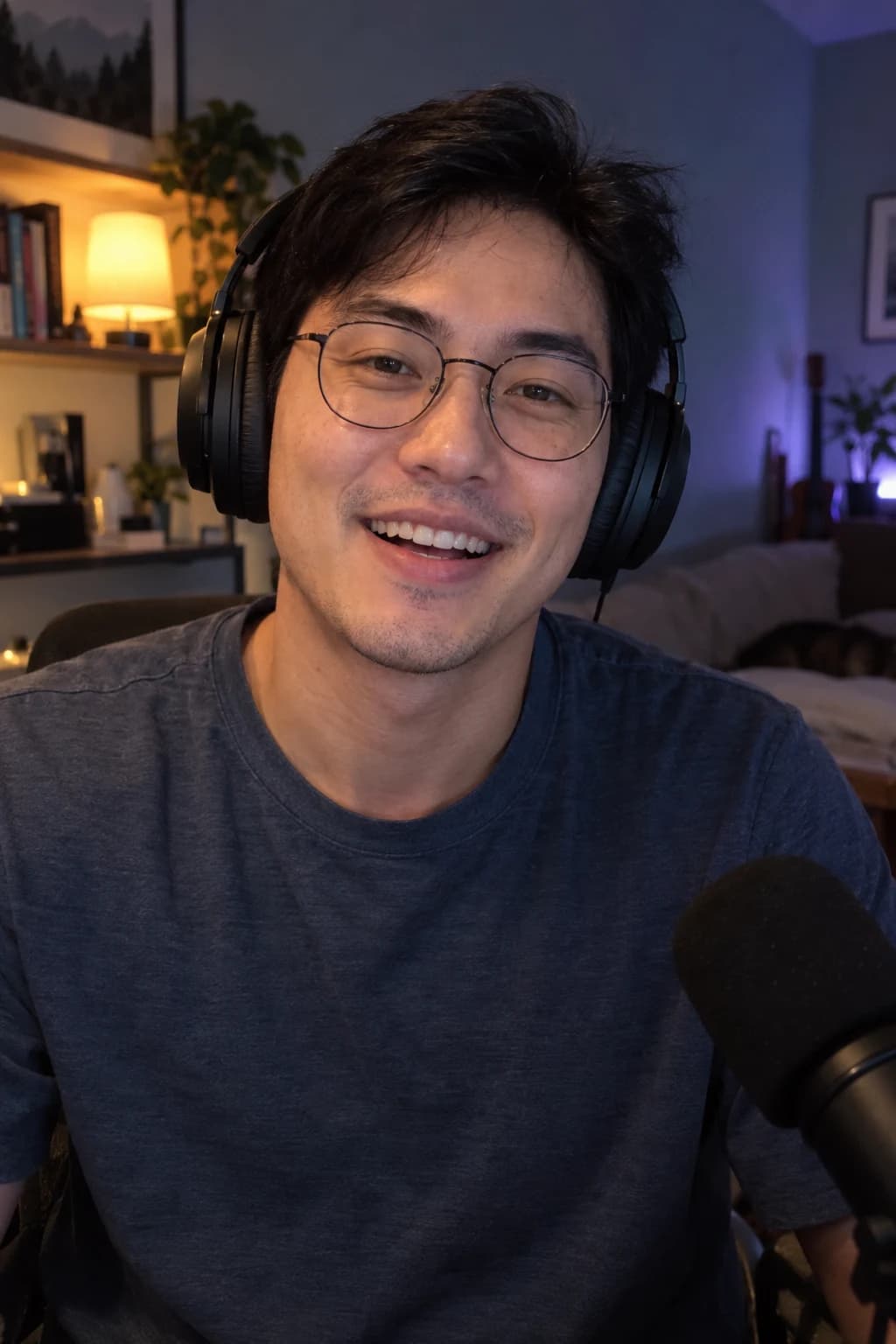 Creator with headphones talking to his audience from his streaming setup